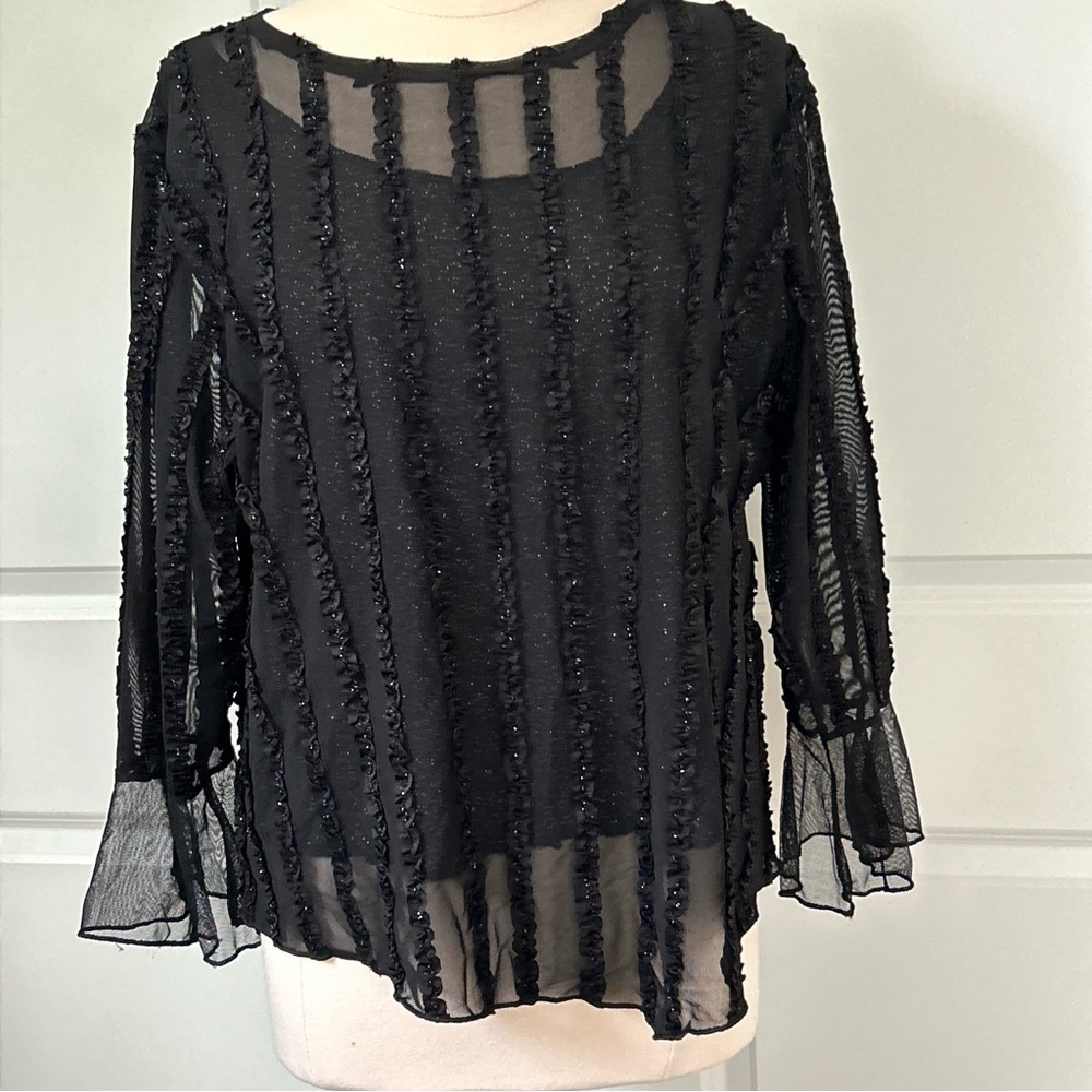 DAMEE size 2X Black Mesh Bell Slv Ruffle Top w/ Sparkle Lining Holiday Cruise